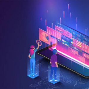 Isometric men and a woman wearing goggle headset with touching vr interface. Isometric men and a woman wearing goggle headset with touching vr interface.